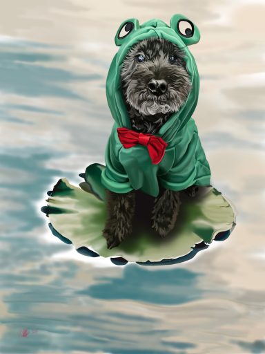 A dog wearing a green frog costume sits on a lily pad in calm water.