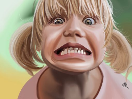 Young girl with blonde pigtails making a funny, exaggerated grimace.