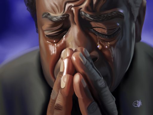 A man with tears on his cheeks, clasping his hands together in distress.