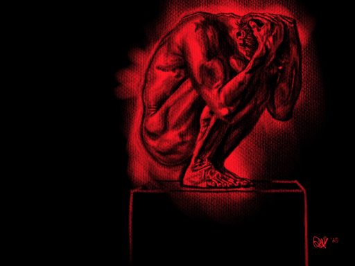 A figure crouches in a fetal position, illuminated in vibrant red against a dark background.