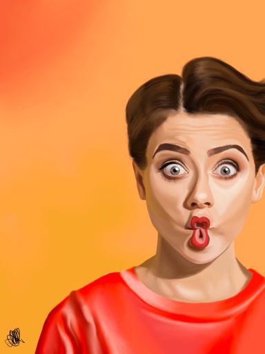 Woman making a playful face with puckered lips against an orange background.