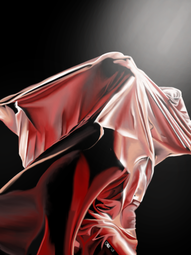 Red fabric flowing dramatically against a dark background with a spotlight effect.