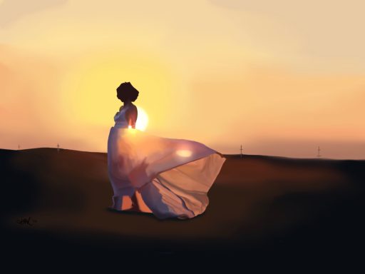 Silhouette of a woman in a flowing dress at sunset on a tranquil landscape.