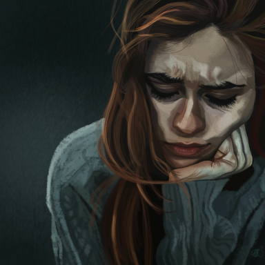 A woman with long hair rests her chin on her hand, looking pensive or distressed.