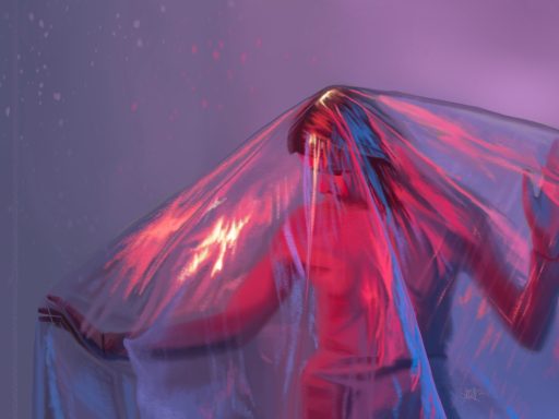 A person draped in translucent fabric with colorful lighting effects.