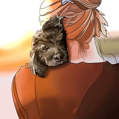 Woman with long hair holding a small black dog on her shoulder.