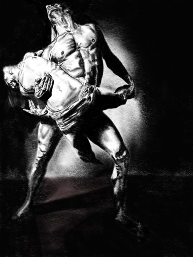 A metallic statue of a muscular figure lifting another figure in a dramatic pose.