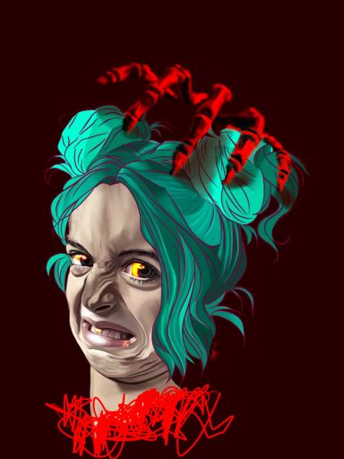 A woman with teal hair, red horns, and a fierce expression against a dark background.