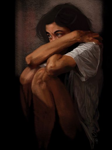 A woman sits curled up, with a contemplative expression, in a dimly lit space.