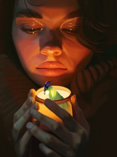 A person gazes intently at a candle, cradling it delicately in their hands.
