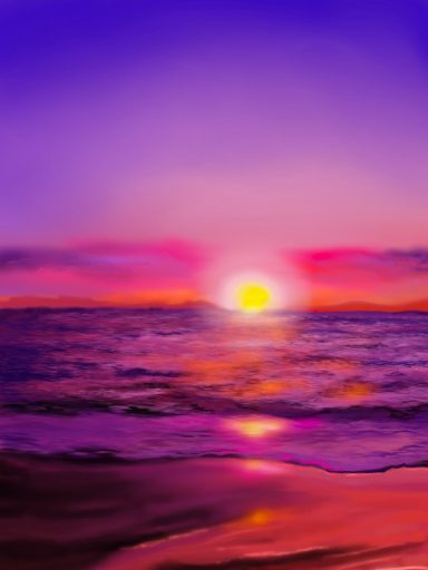 Colorful sunset over the ocean, with purple and orange hues reflecting on the water.