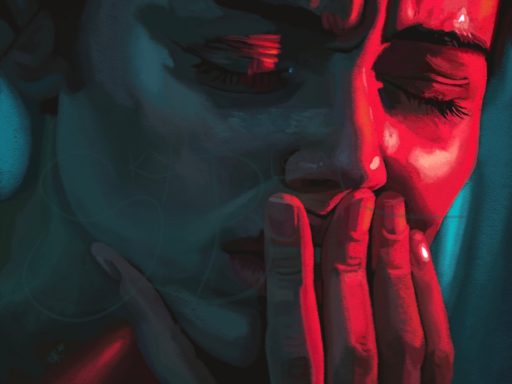 A close-up of a person with a pensive expression, illuminated by red light.