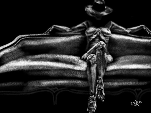 A woman sitting elegantly on a couch, wearing a hat and dress, with a dramatic shadow.