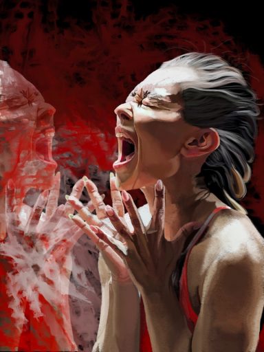 A distressed woman screaming, surrounded by a dynamic swirl of red and gray.