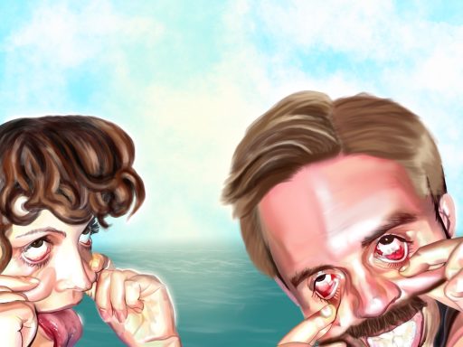 Two cartoon characters playfully poking their eyes with a scenic ocean backdrop.