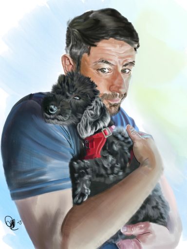A man holds a small black dog, both looking at the viewer against a soft background.
