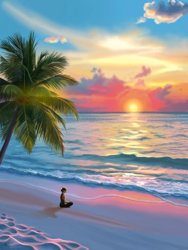 Person meditating on a beach at sunset, with palm trees and colorful sky.