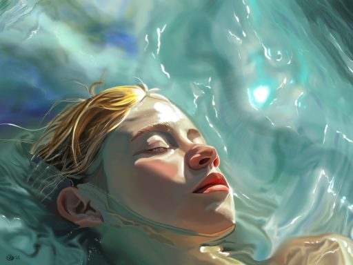 A serene face of a young person floating in water, surrounded by soft, shimmering colors.